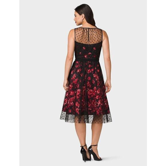Carmen Marc Valvo Sleeveless Red Rose/Polka Dot Black Tulle Overlay Dress sz 16 - Picture 3 of 14